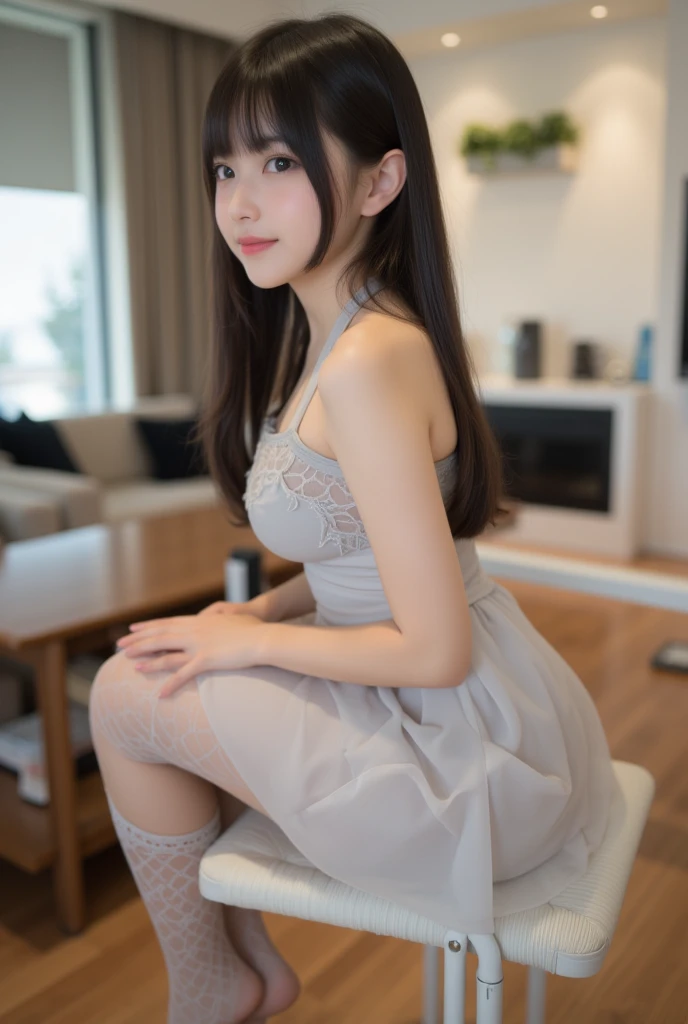(Highest quality、Highest quality、Highest Resolution、masterpiece、detailed、live-action)、
(((Lift up the bottom of your knee-length mesh camisole with your own hands)))、
(((Grab the bottom of your knee-length mesh camisole with your hands)))、
(((Wearing pantyhose up to the waist)))、
((Pantiesを見せて))、
((Pantiesが見えている))、
Panties、
bra、
1 Japanese woman、
Cute Japanese Woman、
Beautiful 20 year old Japanese woman、
Slender figure、
Super slim figure、
Small breasts、
Silver Hair、
The woman's body is facing the photographer、
smile、
whole body、
Standing posture、