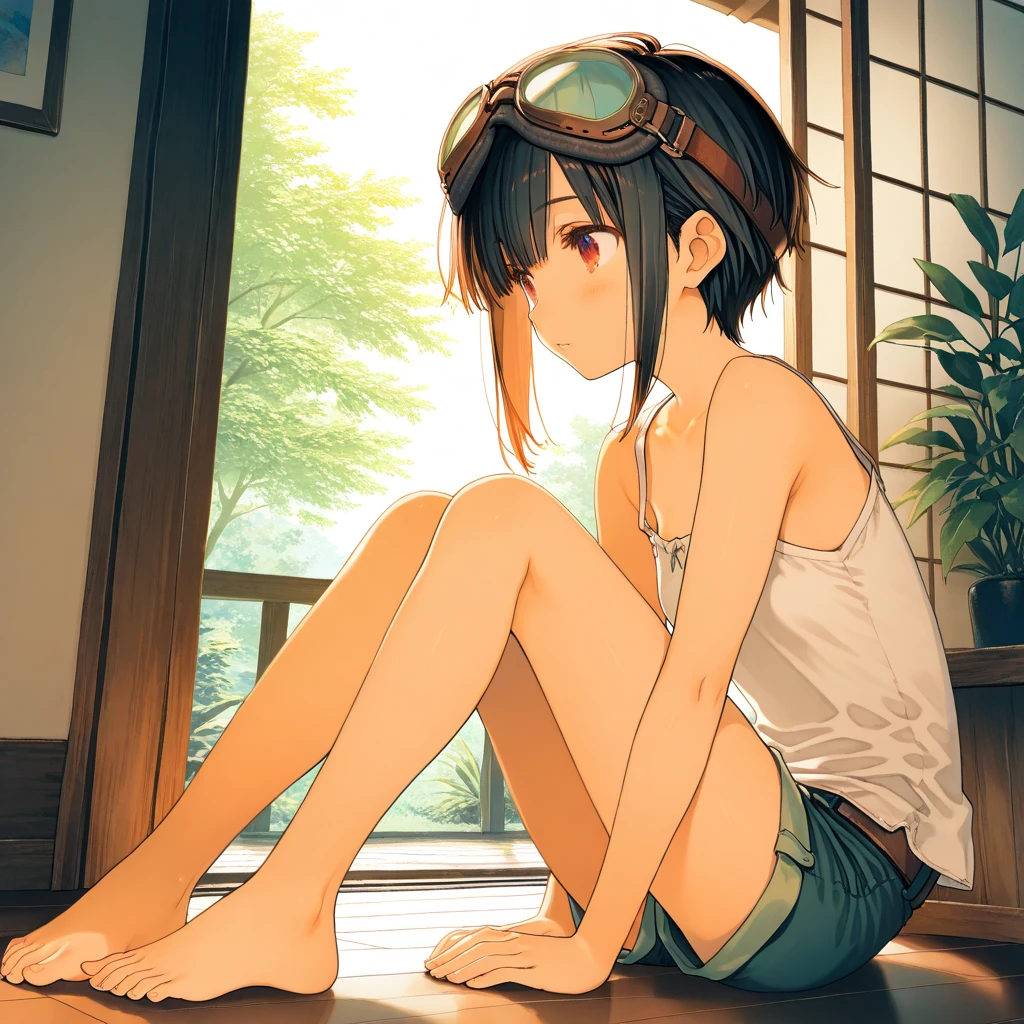 beautiful girl, slender, boyish, handsome short hair, brown hair, (wear a white long-sleeved T-shirt), (white bikini panties) , Perfect hands, Perfect body, reclining, leaning back, leg up, (bare foot), ((looking away)), relaxing, seduction, room, midnight, ((Exquisite detail)), Very finely crafted fingers(((10 fingers))), (full body showcase), (Show your whole body), (No logos on background), (No logo), ( from below),