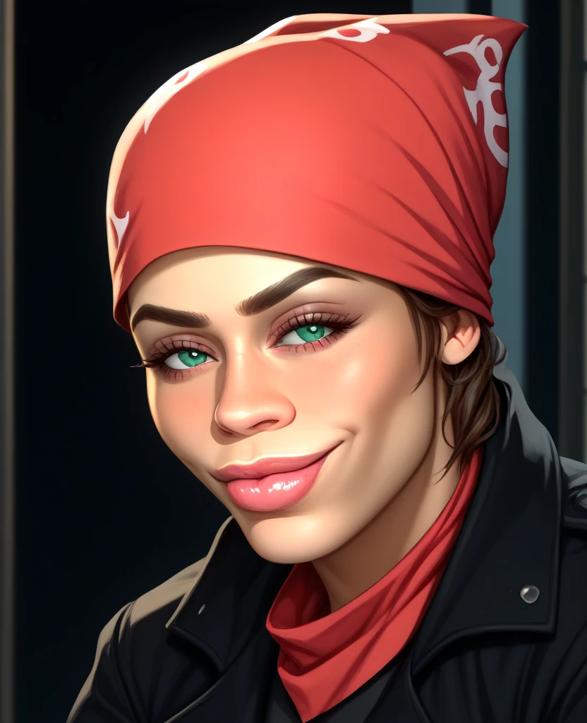 score_9, score_8_consolation, score_7_consolation, detail the corner of the eye, red bandana, skylar white, close your mouth to the breast, smile, dmc5 virgil lips, black coat,