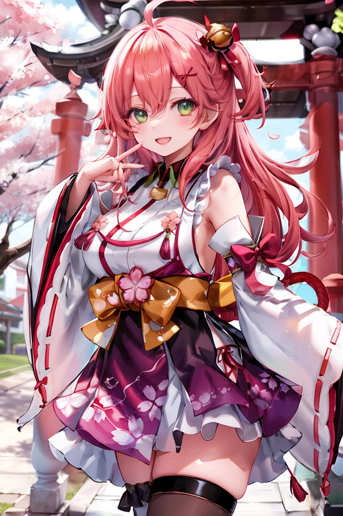 masterpiece, best quality, highres, miko1, sakura miko, 1girl, green eyes, solo, ahoge, x hair ornament, pink hair, single thighhigh, floral print, hairclip, sideboob, hair bell, floral print, long hair, hair between eyes, one side up, white thighhighs, asymmetrical legwear, wide sleeves, cowboy shot, smile,