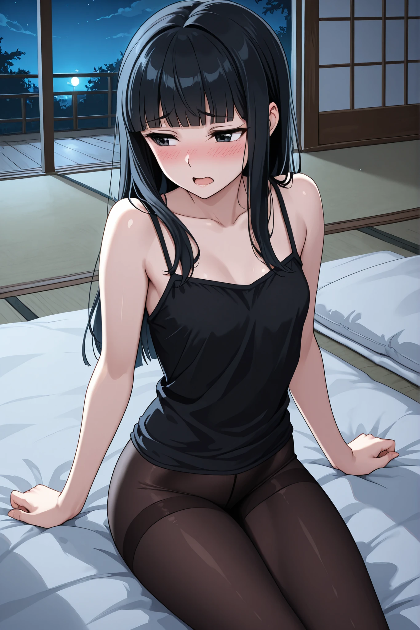 1 girl, beautiful girl,adult,18 years old,black eyes,black hair,long hair,blunt bangs,skinny,masterpiece,general,highres, ultra-detailed,very aesthetic,best quality ,best hands,best eyes,perfect anatomy,anime coloring,easynegative,anime style,white skin,black camisole,black underwears,(((black tights))),tatami,futon,night,no light,whole body,shy,blush,open mouth,