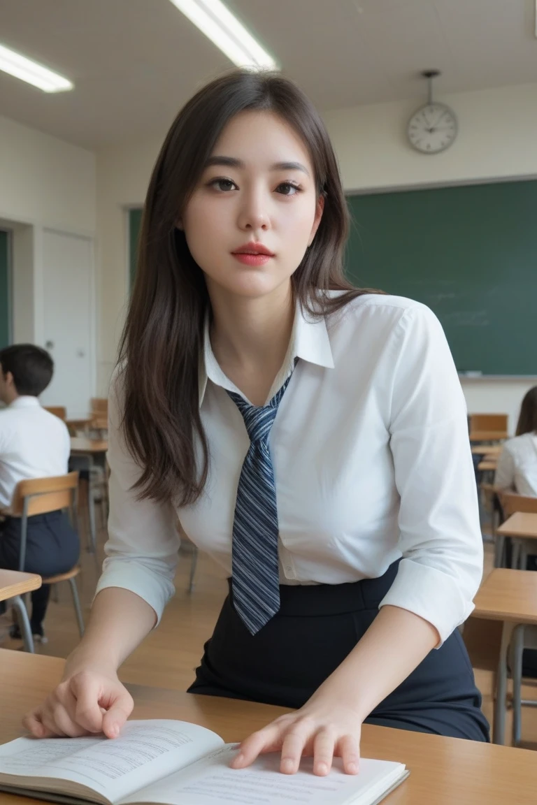 (masterpiece:1.3), (best quality:1.3), 8k, highres, intricate detailed, highly detailed, detailed background, depth of field, film grain, MILF, 1girl, solo, beautiful japanese woman, mature female, ponytail, black hair, brown eyes, (long eyelashes:1.3), (eyeshadow:1.3), blush, gloss lips, (smirk:1.2), large breasts, sexy body, white collared shirt, short sleeves, black tight skirt, long necktie, thighhighs, looking at viewer, sitting, crossed legs, tempting pose, indoors, classroom, rim light, ray tracing
