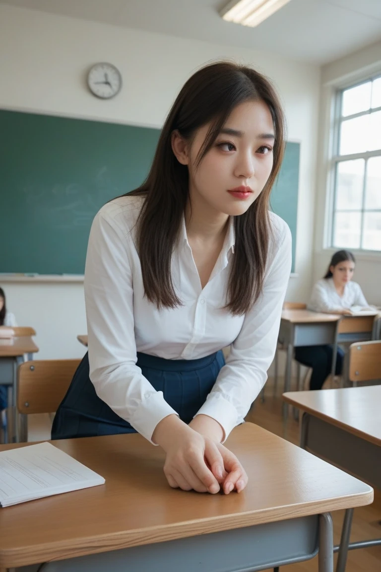 best quality, ultra highres, ultra detailed skin, physically-based rendering,downblouse, looking down,( japanese girl sitting on chair and writing in notepad, on small table, decorated detailed bra, overlap blouse, small breasts, voluptuous, from above),(beautiful messy room background:1.2), in classroom