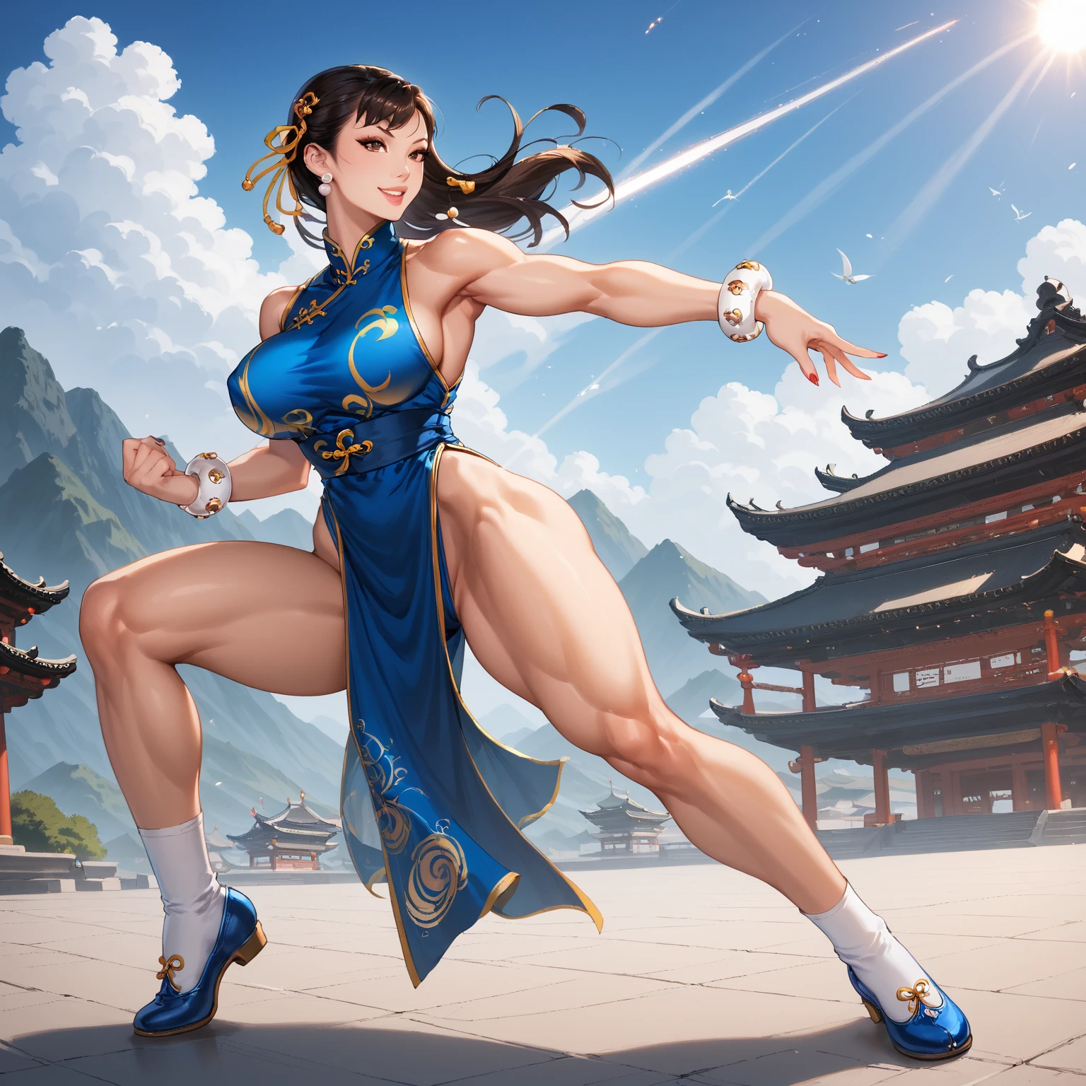 Street Fighter's Chun Li, Very Beautiful Girl, Small Man's Waist, Long Leg Proportions, Longeyelashes, Determined, White High Boots, Best Light and Shadow, Tilt View, Capcom Style, Ultra HD, 8K, Real Skin, All Body is Water, Chun Li's Signature Action, Black Stockings, Big Watery Eyes, High Nose Bridge, Small Mouth, Big Breasts, Wide Crotch, Chun Li's Classic Clothing, Mature, 30 years old
