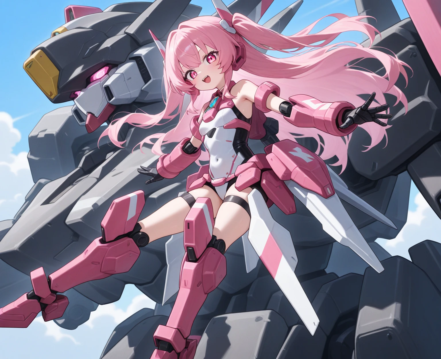 Black School Swimsuit、Sexy、Pink Hair(The bristles are green)、Bob hairstyle(Curled bristles)、White unit on head、Laugh and wink、Draw a giant bow、Black knee-high socks、mechanical boot、Shoulder out、Thighs、fly in the sky、Ahoge、Sky Sky、high resolution、Anime-style illustrations