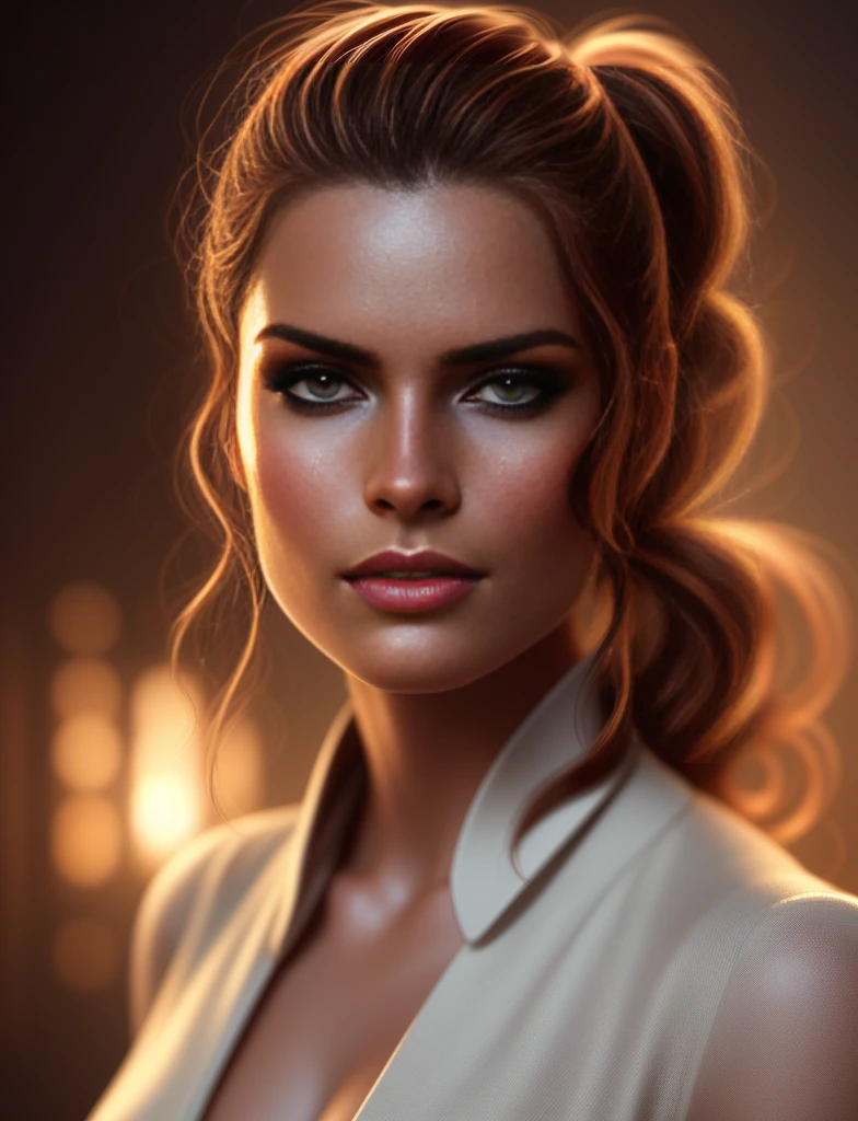 barriga, bela, concept art, digital art, high quality, Cinematic lighting, soft lighting, centrado, illustration, detalhes, retrato, bela young, detailed and dazzling face, brown hair in loose ponytail, digital painting, artstation, concept art, suave, sharp focus, , por Laura Sava e Anna Dittman e Tom Bagshaw