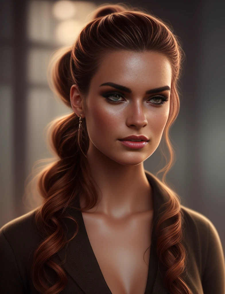 barriga, bela, concept art, digital art, high quality, Cinematic lighting, soft lighting, centrado, illustration, detalhes, retrato, bela young, detailed and dazzling face, brown hair in loose ponytail, digital painting, artstation, concept art, suave, sharp focus, , por Laura Sava e Anna Dittman e Tom Bagshaw