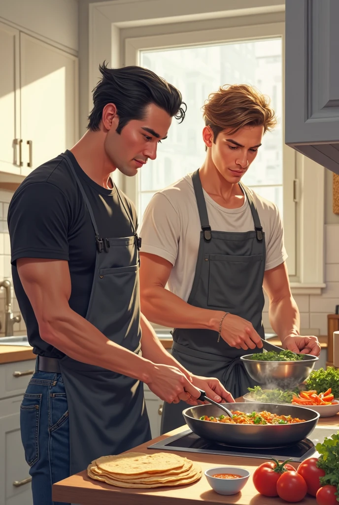 Highest quality、masterpiece、high resolution、A muscular man with black hair and a nude apron is making breakfast、A grey-haired, muscular man in pajamas yawns and walks into the room.、short hair、kitchen、Light of the sun、Breakfast and coffee on the table、Gay