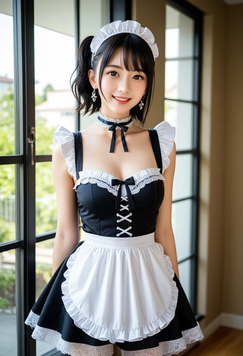 (Highest quality:1.5)、(masterpiece:1.5)、(8k:1.5)、(( appearance:1.7))、(Flat Chest)、(Victorian tight maid uniform:1.5)、Braid、Angle from below、smile、(The background is the hotel:1.7)、whole body、(2 people)、Underbust corset、Hotel Bed