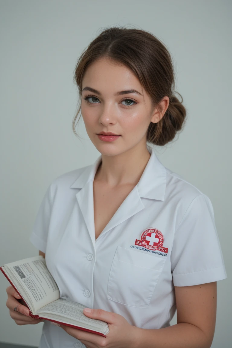 a beautiful nurse with kind eyes, detailed facial features, delicate lips, long eyelashes, wearing a white medical uniform, standing in a hospital ward, soft lighting, intricate details, photorealistic, 8k, masterpiece, highly detailed, cinematic, warm color tones, dramatic lighting
