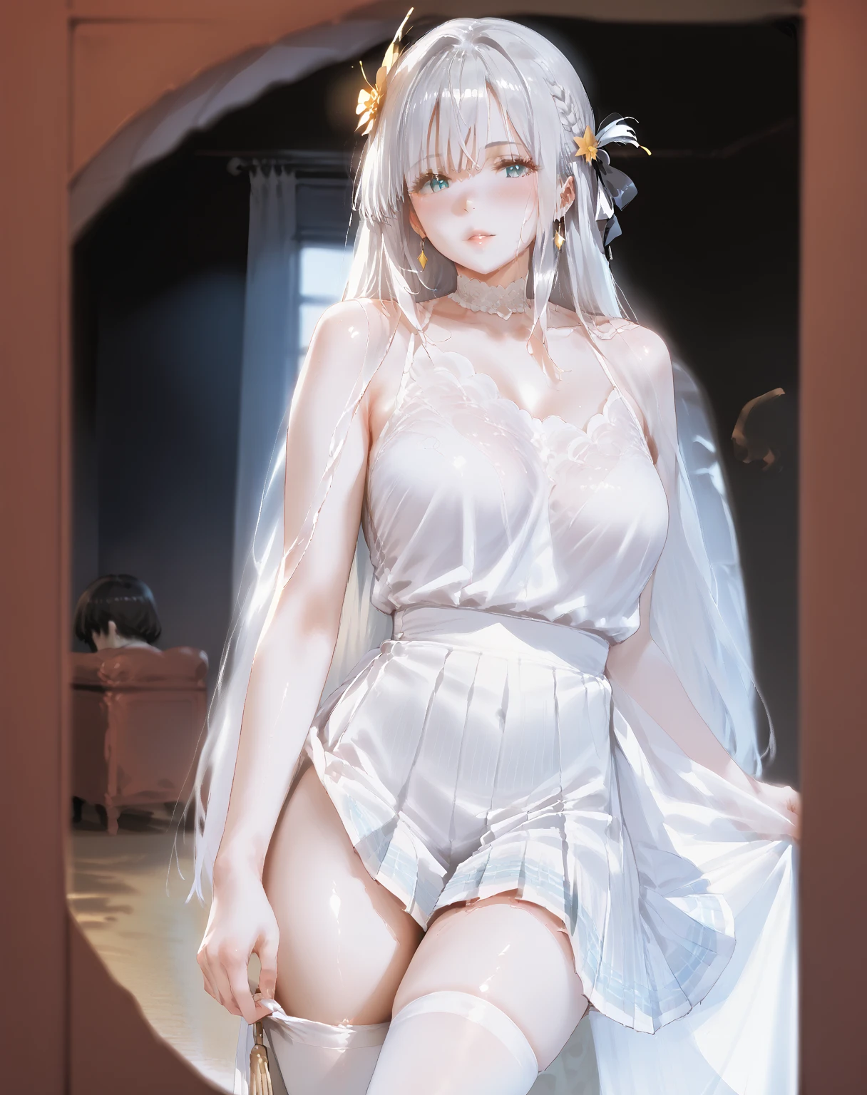 nsfw,Wet、See-through underwear、Dress shirt、(Unbroken body),(Perfect body structure),(arms two),(legs two),highest quality, 4K, (High resolution:1.3) masterpiece, 1.2, Super detailed, HDR, Studio Lighting, Sharp Focus, Bright colors, Portrait, Warm tones, Soft Lighting,white hair、Blue eyes、