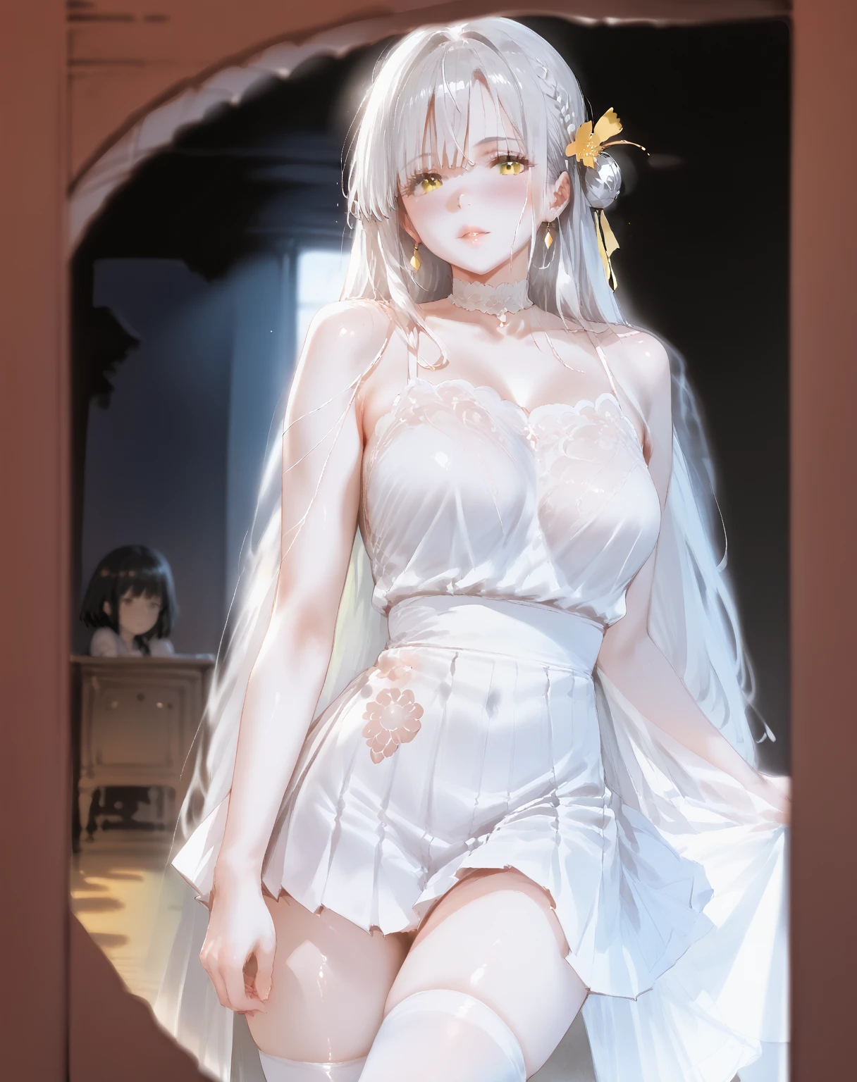 (1girl:1.3), Masterpiece, Best quality, amazing beauty, 4K, absurdres, finely detail, super detailed eye, perfect anatomy, official art, cinematic lighting, BREAK, Bar, silky wavy hair, blue hair, surprised, BREAK , huge breasts, , BREAK , (Mini Dress:1.2), BREAK,()