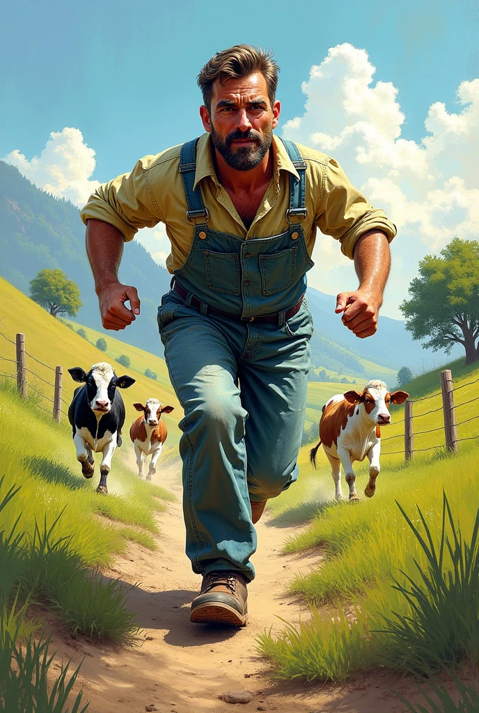 "Depict Rocky embarking on his journey. The scene shows him stepping off the porch into the open field, his head held high and ears perked up with determination. The setting is a rural landscape with a mix of green fields and distant hills. The weather is slightly overcast, adding a sense of adventure and uncertainty."