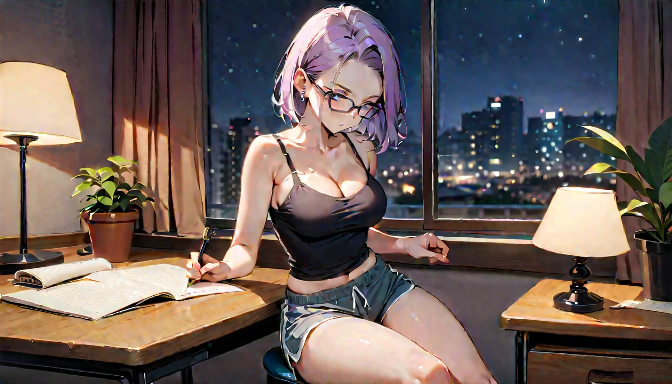 Masterpiece, highres, high Quality, at home, from back, reading a book, book leaning on the sofa guard, head propped up, looking at the book, lying on the couch, lying face down, cameltoe, leggings, tank top, black hair, colored hair, pink hair, blue hair, tied up,