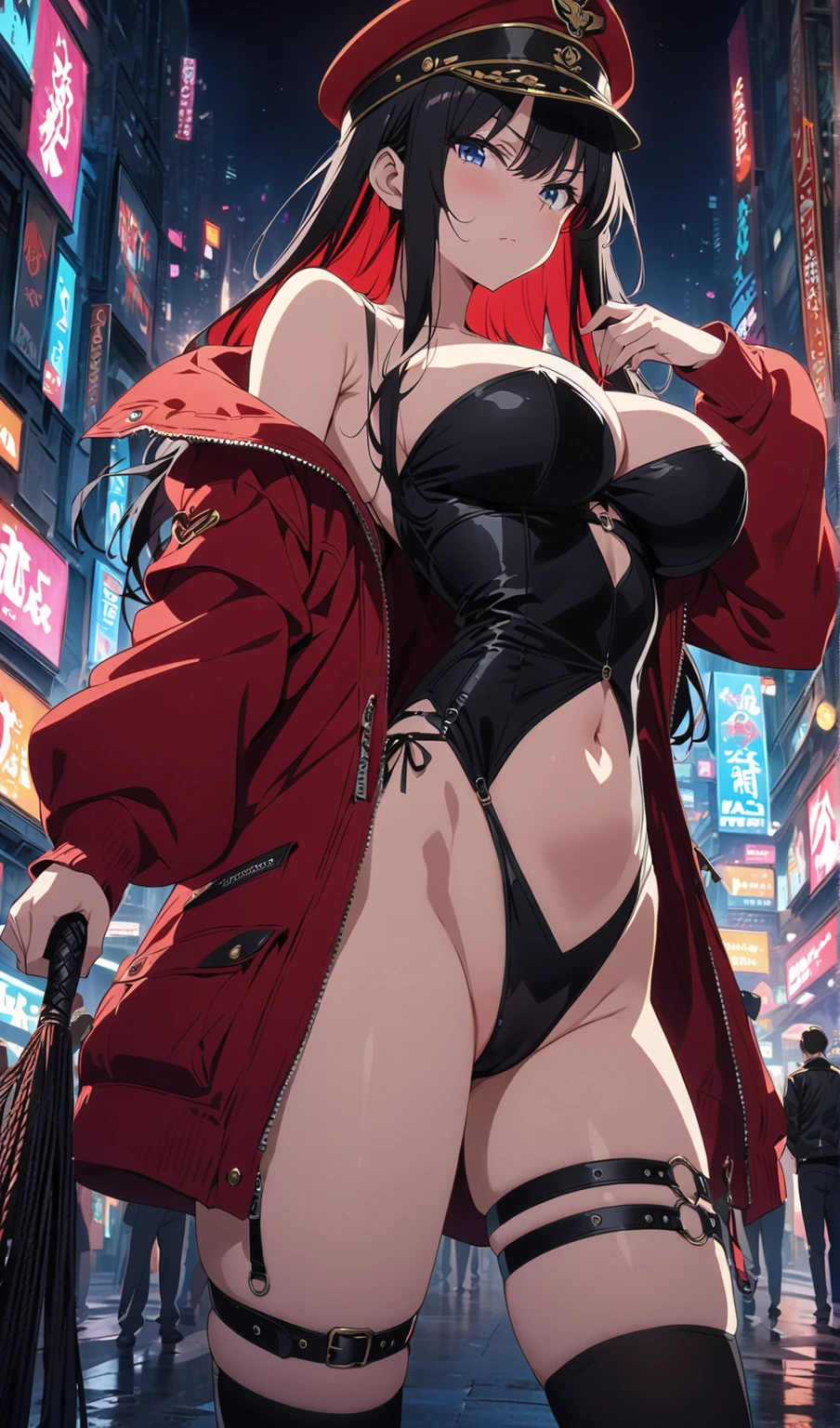 ((Highest quality)), ((masterpiece)), (Familiar), Hazy, Female,Mature Woman,Purple Hair, short hair, Low Ponytail, eye shadow, lipstick, Red eyes,Red suit shirt,Large Breasts,Erect nipples,I can see her cleavage,Red and black jacket, White tight skirt,Red Heels