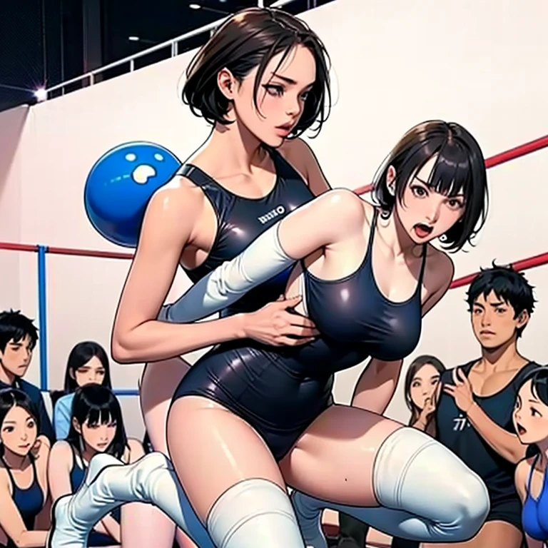 (in style of Takeshi Obata:1.3), (+18) , (Top quality, masterpiece), Japanese personal model, colossal,  freestyle wrestling Singlets , two enchanting women, breast cleavage, dojo, image quality at the highest level, in a close and intense freestyle wrestling fight, on the floor 