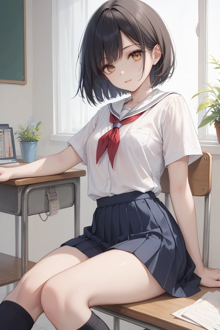 NSFW, 1 woman, 15 years old, ((short wolfcut haircut)), black eyes, Indonesian high-school uniform, white shirt, osis logo on shirt pocket, flat breasts, grey pleated skirt, half-shot, innocent look, hands up, sitting, both knees up, white panties, spread legs