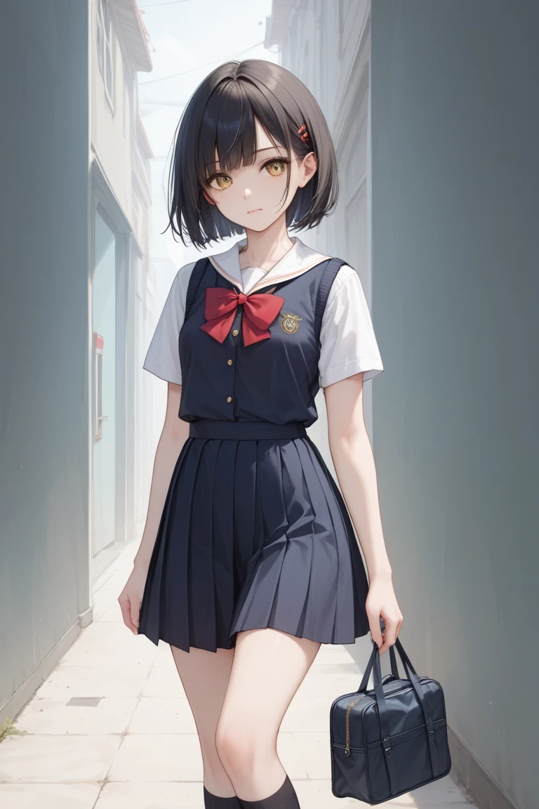 緑の壁の前に立つ短いanime girl in a black dress, a hyperrealistic , anime girl in a black dress, beautiful anime high school girl, hyperrealistic , in a dress, realistic , anime moe art style, young anime girl, cute anime girl, Cute anime wife in a nice dress, cute girl anime visual