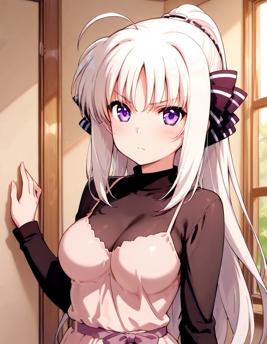 ((masterpiece)), ((Best quality)), (high resolution), (illustration), (an extremely delicate and beautiful), (ultra detailed beautiful face and eyes), nsfw,   1girl, leaning forward,  YukineChris, long hair, purple eyes, twintails, low twintails, ahoge, large breasts,  fishnet pantyhose, red a bow tie,  volumetric lightning, detailed skin texture, detailed, volumetric shadow, anime screencap,Highest quality, Sorceress, ancient babylonian nobility, ((tan skin:1.2)), (brown skin color),Long hair, twin braids, hair ornament, wine colored hair, smile, Below average size breasts, bare shoulders, (underboob:0 Legs apart、Ready your gun?、Arms around chest 8K, masterpiece, Best_quality, high_resolution, ultra_details, detailed, 1girl, 独奏, looking_at_viewer, upper_body, indoors, braid, blurry, bangs, white_hair, blurry_background, collared_shirt, church, hair_ribbon, hair_between_eyes, stained_Glass,sidelocks, depth_of_field, light_particles, window, french_braid, Alphonse Mucha Style, sharp focus, perfect hands, perfect face, perfect eyes, perfect light, dynamic light, natural light, Masterpiece, Best quality, 