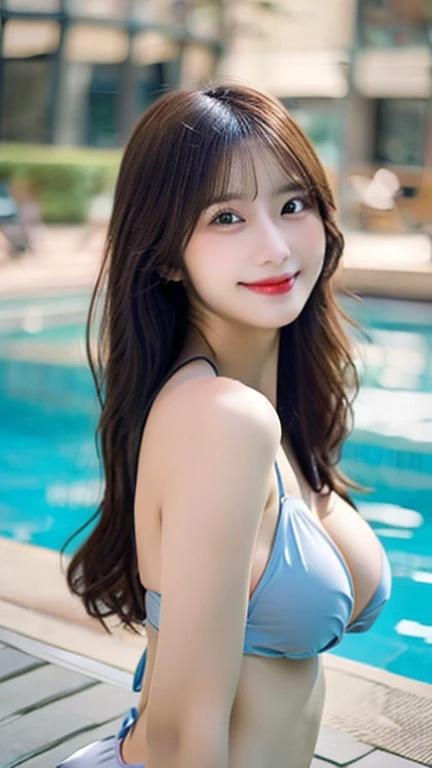 (highest quality, 8K, masterpiece: 1.3), cute girl with perfect figure: 1.4, (s, high school student),  (black hair, huge breasts),  (dull bangs:1.2), bikini, by the pool,  highly detailed face and skin, fine eyes, double eyelid, smile