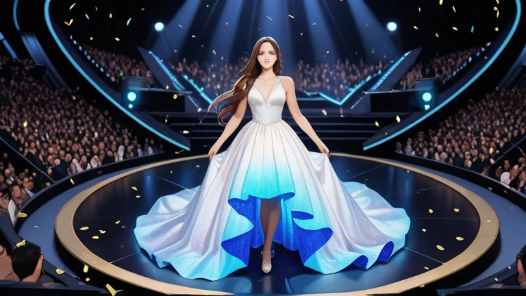 RAW photo,Full body shot of a woman that looks like Jessica Alba and Anna de Armas, wearing a regal, glittering Elie Saab gown with a bejeweled bodice and a sweeping, layered skirt, standing in a glittering, crystal-filled cavern, arms extended, eyes closed, a peaceful expression on her face, surrounded by the soft, sparkling glow of thousands of diamonds, 8k uhd, dslr, soft lighting, high quality, film grain, Fujifilm XT3