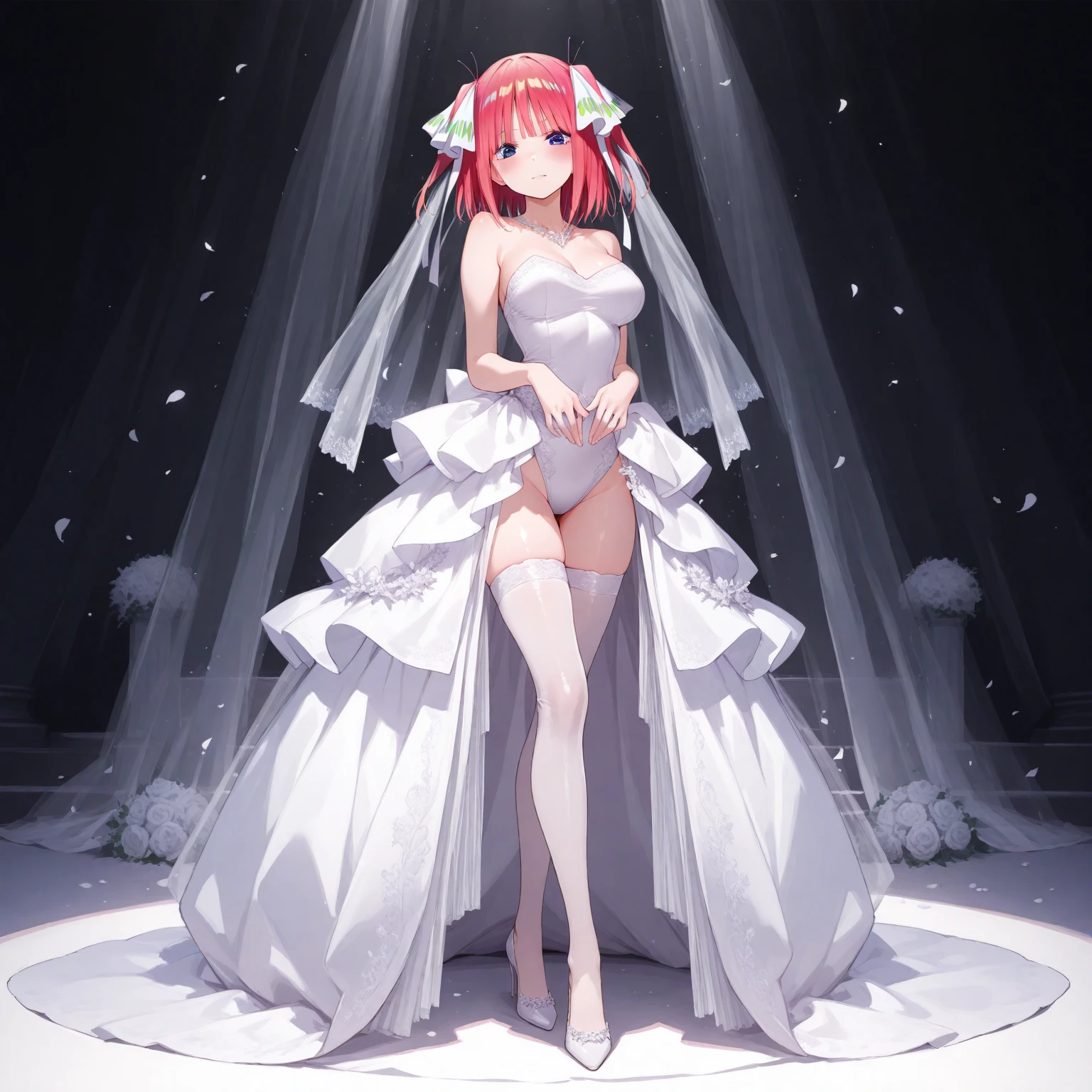 1 Girl, masterpiece, high resolution, Sonic edges_Rias_Grey Mory,Long red hair, ((Wedding dress, Room, bridal lingerie, Wedding theme))