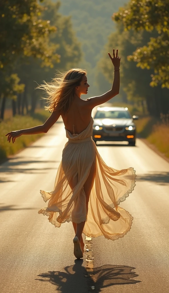 gorgeous girl 18 years old, wearing a summer dress and looking extremely pretty, walkining slowly down the highway hitching a lift in the hot sun and cooling herself with a paper fan