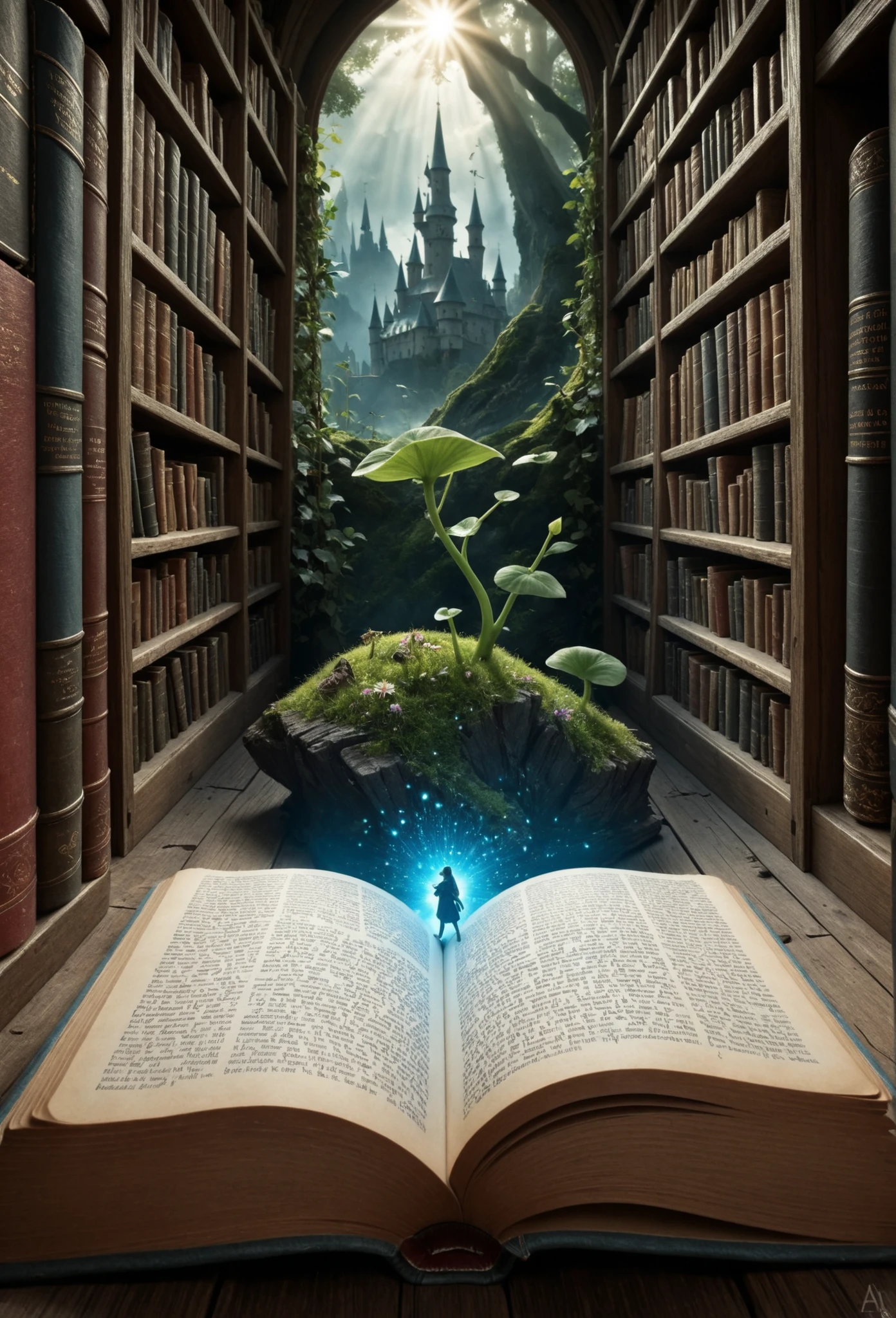 Hyperreal digital art style, "Fairytale", fantasy world coming out of centered book, open book, hyperdetailed double exposure fantasy illustration, masterpiece, cinematic, by Andreas Lie, Luke Gram, photorealism, backlit, gorgeous light