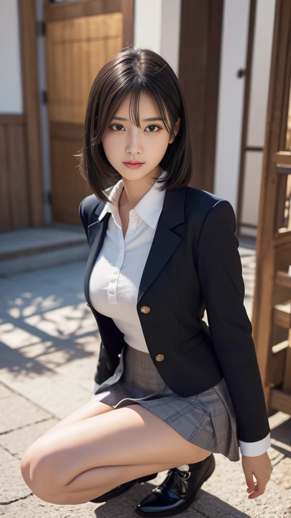 Highly detailed CG Unity 8k wallpaper、highest quality、Ultra-detailed、masterpiece、Realistic、Photo realistic、Highly detailed cute girl、15 years old、Girls&#39; High 、Summer clothes、Navy Blue Blazer、White blouse、White collared shirt blouse、((Cleavage))、Pleated skirt、hortcuts、Black Hair、Bobcut、((Roll up the skirt yourself)))、(Lift it yourself)、Not wearing panties、No underwear、Pantyless、blush、Lips parted、Looking at the audience、Semi Body Shot、(A large number of people)、(On the streets of Tokyo)、(((Show your pubic area excitedly )))、Shaved、No pubic hair、