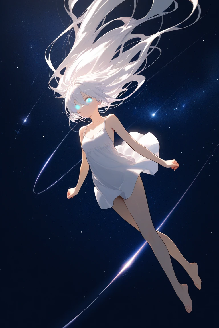 Very skinny thin tall beautiful girl floating in the expanses of space in the galaxy. full-length naked. silver hair