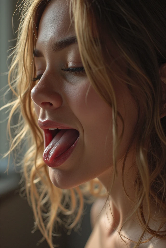 Blonde sucking a big man's penis that doesn't fit in her mouth