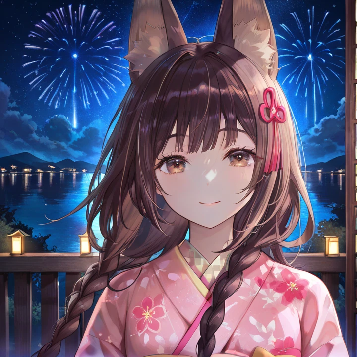 Hallucination, daydream , fantastic , Fear , bokeh , hairy fur , yukata , fox girl , hair tie , Medium hair , up hair , natsu matsuri , Japanese festival , Sensual nape , Fireworks display , look away , focus nape , Dating simulation games , 16bit game , front view , (closeup glossy lips) , Poke out your lips