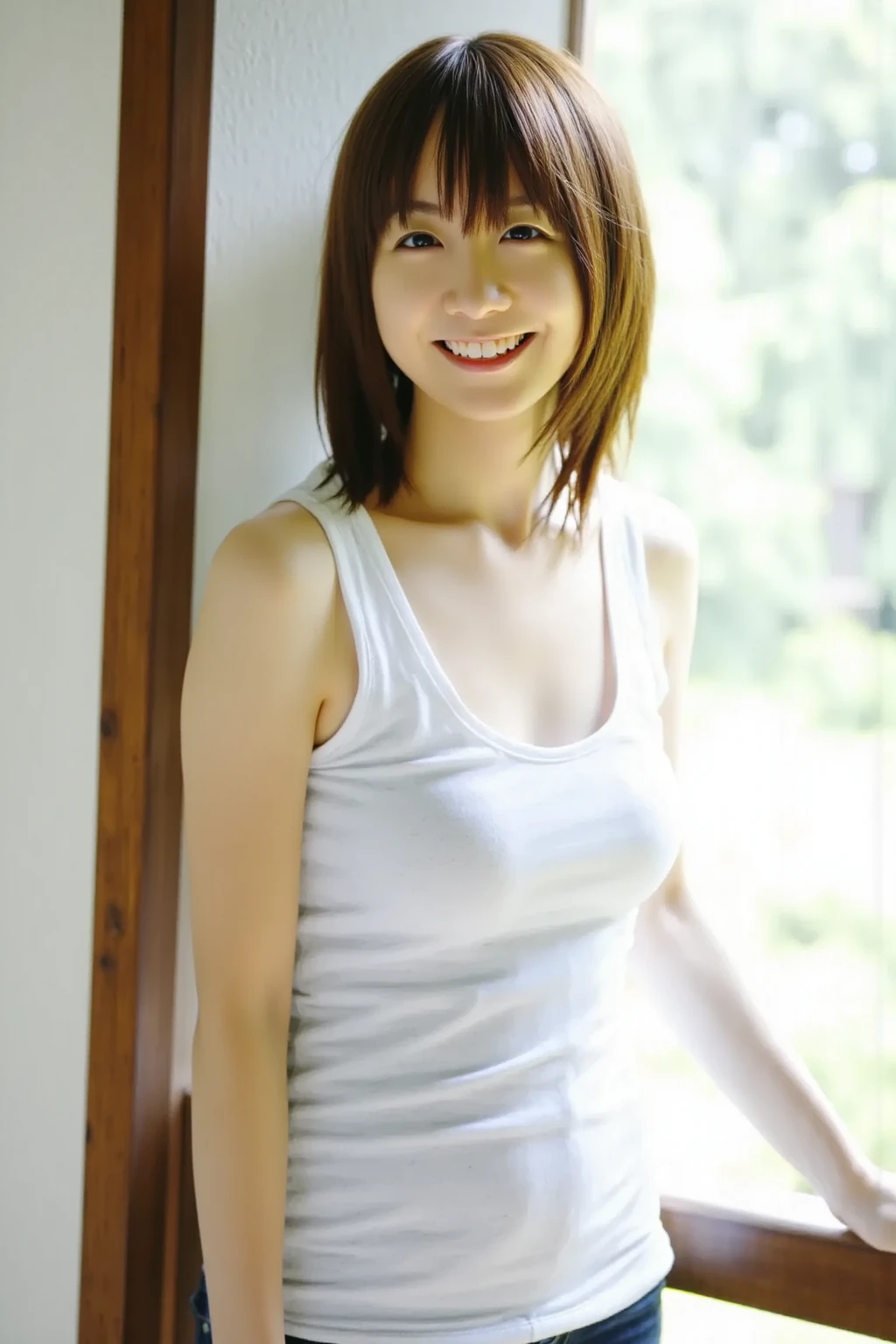 (8k, highest quality, masterpiece: 1.2), ultra detail, highest quality, ultra high resolution, professional lighting, photon mapping, radiosity, physically based rendering, cinematic lighting, depth of field, focusing, sun rays, good composition, (bokeh: 1.2), 1 girl, (full body), smile, beautiful eyes, pose, brown hair, short hair, half squat, seashore, Hot Pants,Blouse,