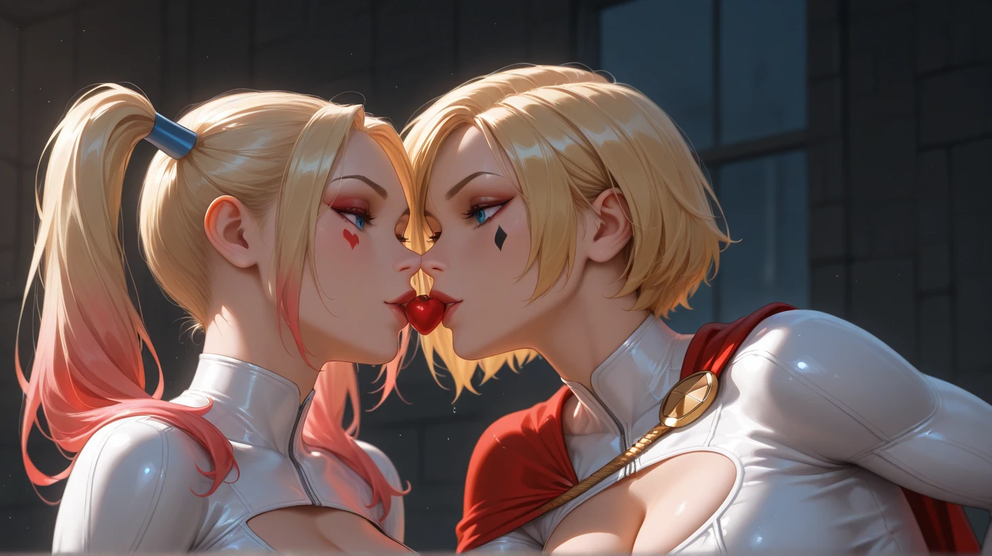 Sailor Moon kissing in a french kiss with Rogue (X-Men), kissing each other, yuri kiss, beautiful body, sexy slim body, detailed face, at the comic con