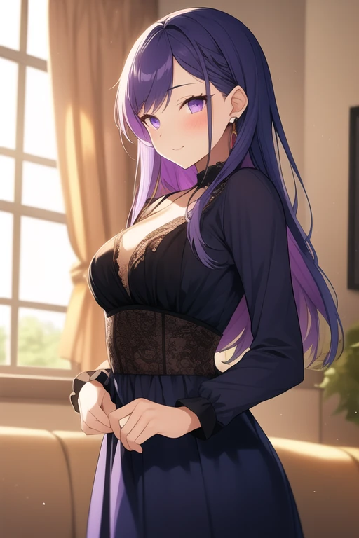 1girl, solo, ai hoshino, long hair, bangs, (purple eyes:1.1), purple hair, (symbol-shaped pupils:1.5),one side up, hair ornament, hair ribbon, skirt, thighhighs, a woman in a purple dress standing in front of a chandelier, elegant, rich color palette, gothic(masterpiece), best quality, high resolution, extremely detailed, detailed background, perfect lighting, collarbone, light smile, joyful eyes, cute pose, BREAK indoors, office, BREAK looking at viewer, (cowboy shot:1.5), BREAK, (masterpiece:1.2), best quality, high resolution, unity 8k wallpaper, (illustration:0.8), (beautiful detailed eyes:1.6), extremely detailed face, perfect lighting, extremely detailed CG, (perfect hands, perfect anatomy), solo, hands on own hips,