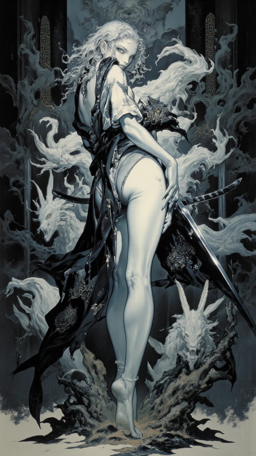 Umalinda warrior sexy, pretty face, Delicious Company, Alluring figure, Wearing a sexy open kimono. The artwork is created in a medium reminiscent of Japanese ink paintings....., 具有大胆的笔触和Monochromatic color palette. artist'Masterful technique reveals the intensity and power of the image'sense of presence,with the highest quality, Perfectly capture every detail with ultra-high resolution. Textures and intricate patterns on kimonos are rendered with extreme precision. Lighting is carefully designed,Enhance drama, Features deep shadows and subtle highlights. General, The artwork exudes elegance and power, Combining traditional Japanese aesthetics with a modern feel. Monochromatic color palette, Combine details, Create captivating and immersive experiences for your audience.