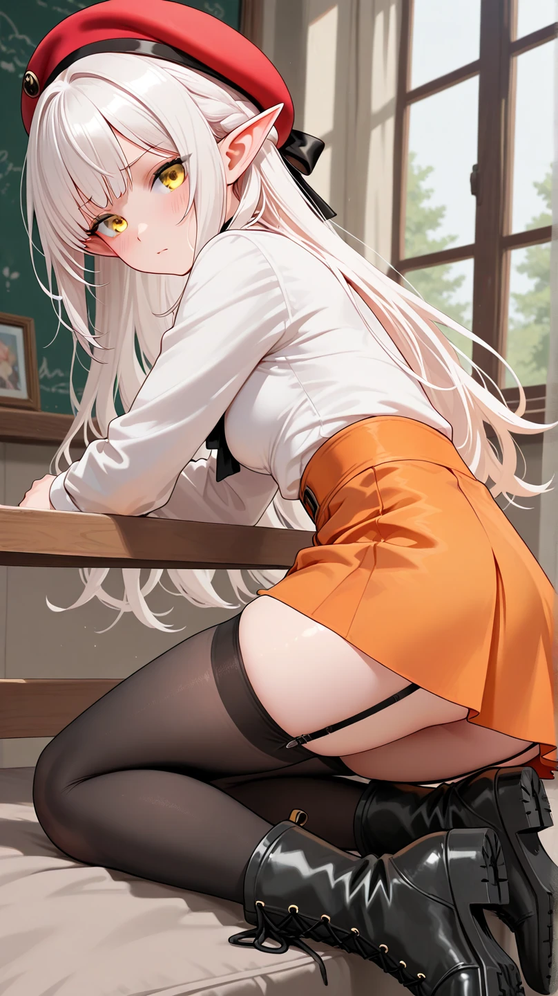 Ichinose Honami, classroom, sitting on the table, tights, hot ass, ((white lace panties)) on knees, ((from behind))