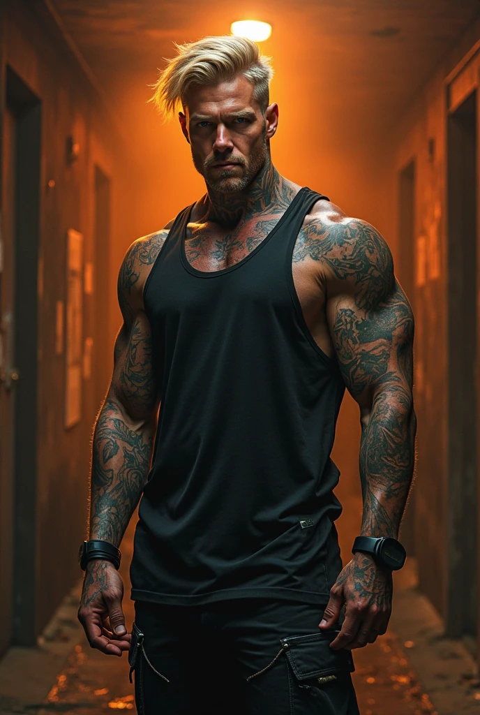 a buff man with blonde shaved upper cut hair wearing a black choker holding a spear in the zombie apocalypse body sho