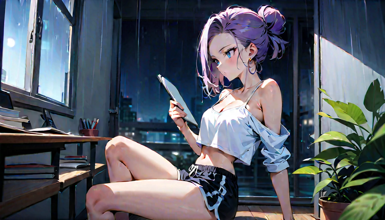 Masterpiece, high Quality, girl with colorful hair with colorful highlights, she has her hair tied up and no bra, she is wearing big, loose clothes leaving her skin exposed in a sexy way, she is at home and it is dark because it is night, she is lying down and distracted looking at things something,