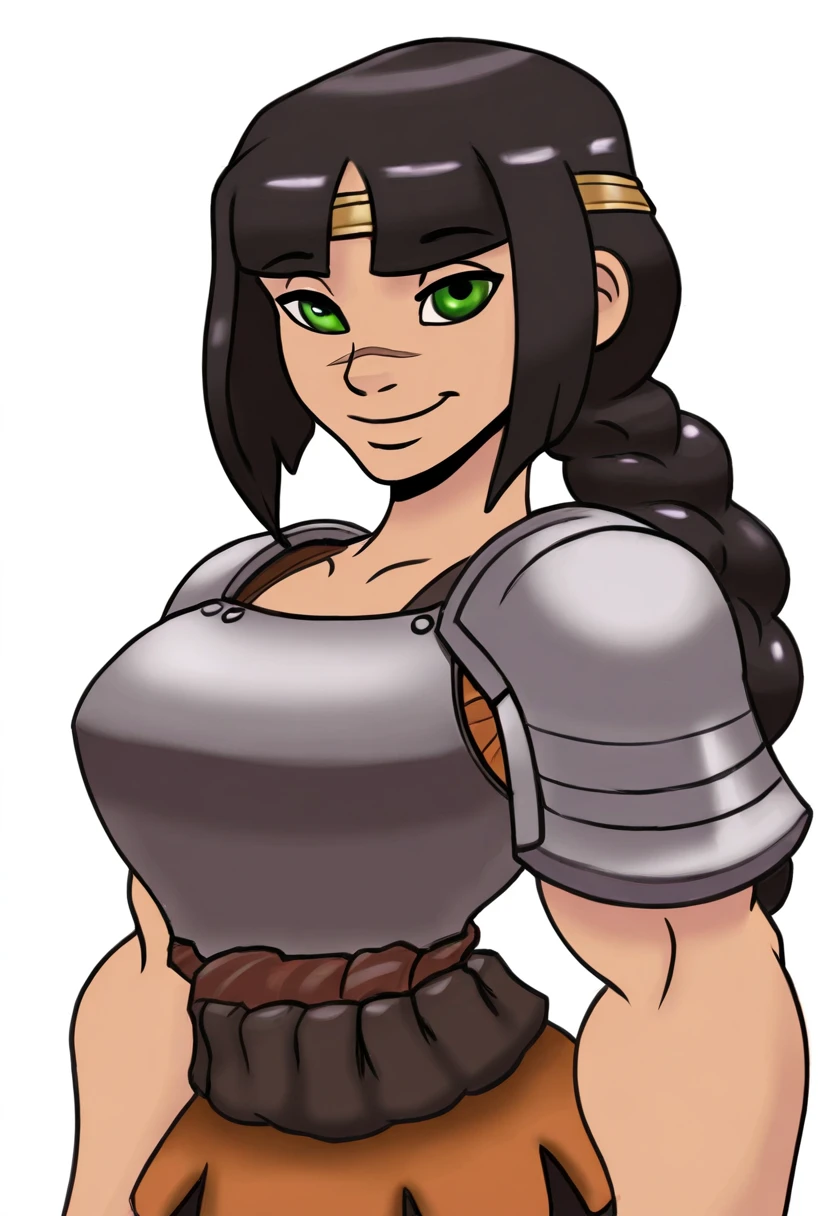 gideonscorral, best quality, amazing quality, very aesthetic, absurdres,
dragon's crown,
1girl, solo, shadowheart, black hair, braided ponytail, green eyes, scar on face, circlet, armor,
smile, looking at viewer, upper body, simple background, white background,