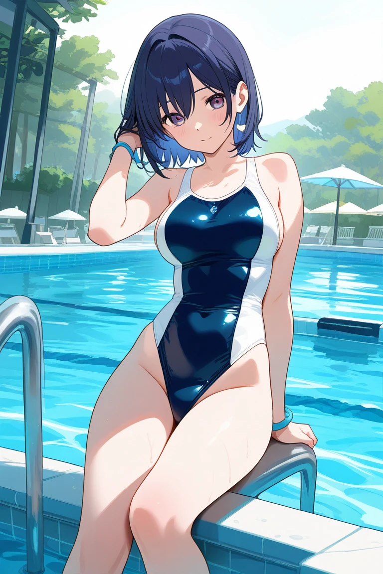 anime girl in a blue swimsuit leaning over a pool, an anime drawing by Shitao, pixiv, shin hanga, smooth anime cg art, ilya kuvshinov. 4 k, wallpaper anime blue water, clean detailed anime art, 4 k manga wallpaper, [ 4 k digital art ]!!, is wearing a swimsuit