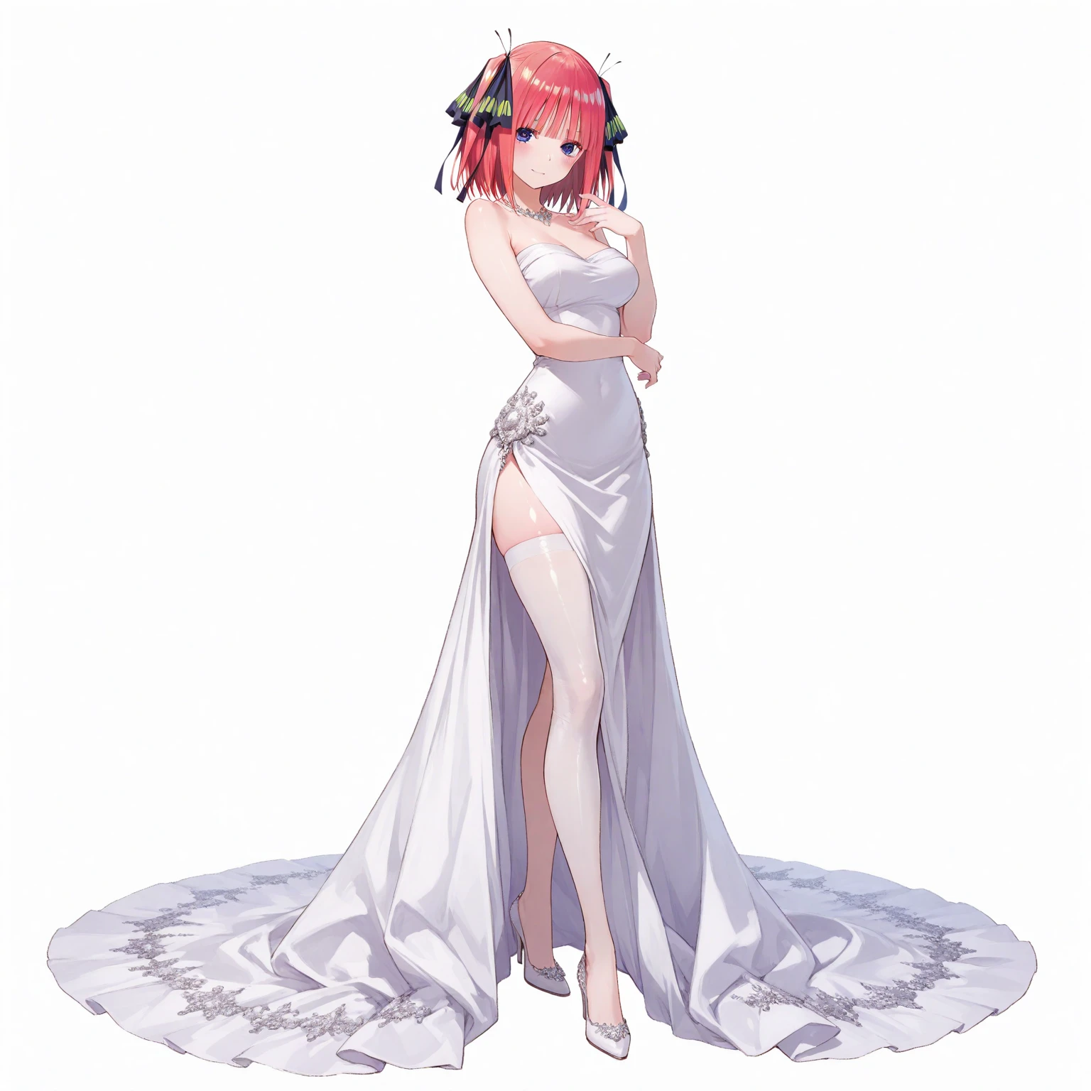 herzhax, oni horns, pink sclera, slit pupils, anime, solo girl,(( ballroom)), standing, long)) white mermaid-shaped wedding dress, barefoot, smiling
