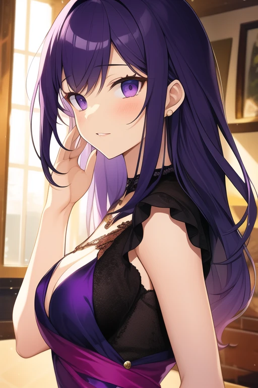 (best quality, masterpiece, ultra-detailed, perfect pixels, UHD, 4k, HDR, depth of field), 1girl, raiden_shogun, perfect body, (photorealistic:1.1, smooth CG texture), (blunt bangs, long hair, eyelashes), pov, close up, parted mouth, large breasts, seductive, embrassed, blushing, nipslip, standing, looking at viewer, indoor, bedroom, (bra, panties), (upper body, looking back, beside the window)