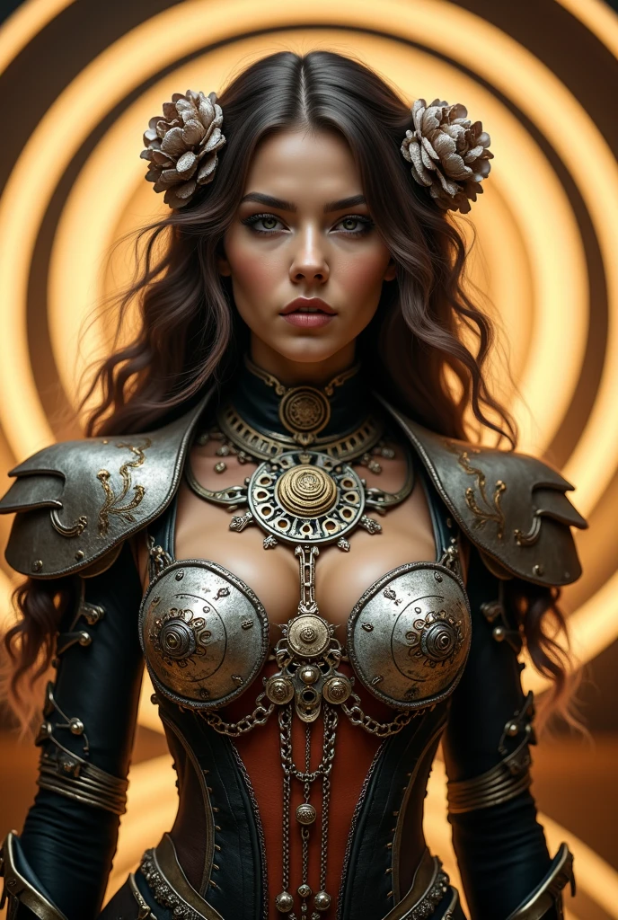 a woman in a dress made of metal spirals with a large hat made of a metal spiral  