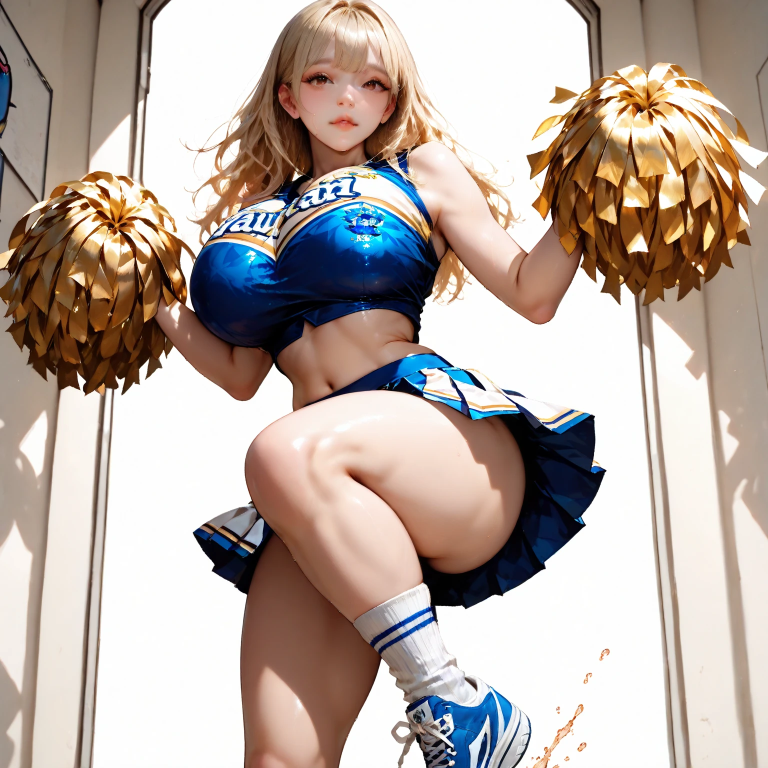 Photorealistic, just like image but real girl, cheerleader doing a standing split, long dark wavy hair with bangs, brown pantyhose with cotton gusset at the crotch, cheerleader uniform, 20 yrs old, brown sheer gloss pantyhose, cute bubble butt in pantyhose out to the side, (((light brown pantyhose with cotton panel crotch))), one leg is straight up hyper extended, holding leg up with one arm, hand grabbing ankle of leg that is up, girl face is beautiful and looking right at the camera, photorealistic, shiny realistic dark brown pantyhose