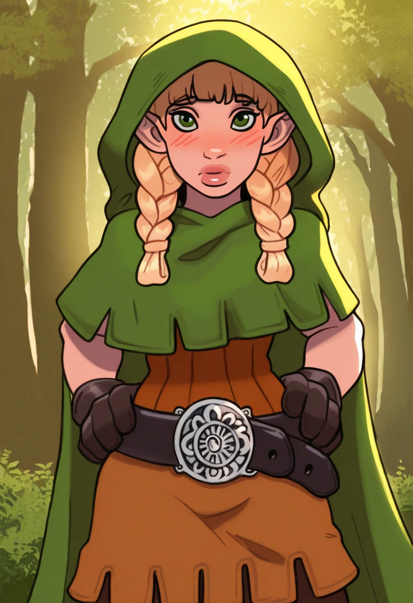gideonscorral, realistic, elf ranger, green eyes, blonde hair, elden ring, 1girl, leather armor, green cloak, belt, hood up, trees, forest background,
elf \(dragon's crown\), dragon's crown, 1girl, blonde hair, blush, cloak, gloves, green eyes, hooded cloak, twin braids,
(((c:))), from below , high-quality, hyper-realistic portrait, detailed eyes, realistic skin texture, intricate facial features, and looking at viewer, (incase:0.5), cinematic lighting, moriimee, masterpiece, best quality, very awa, newest, yameroyandere,