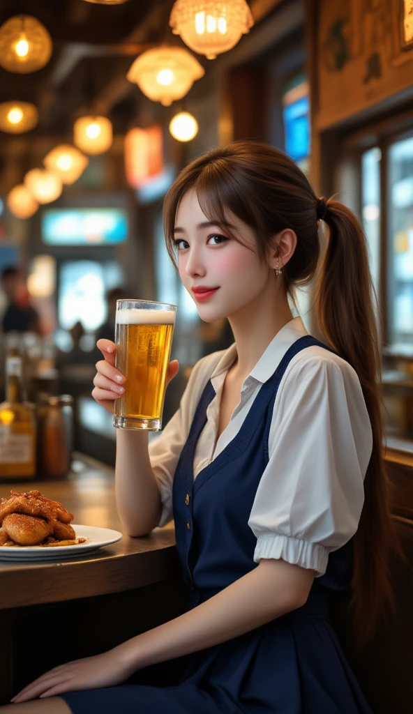 (masterpiece, best quality:1.1), (8k, raw photo, photo realistic:1.2, f22), (shiny skin), detailed skin,long hair,ribbon,detailed face, detailed eyes,smile,BREAK, real world, intricate details, smil, BREAK, 1girl, full body,(short sleeves,red,stripe pattern,blouse,skirt)BREAK, (beer girl:1.4)