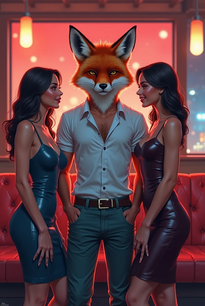 A logo with a sexy female fox with red hair on the left, A strong male fox wearing glasses in the middle holding a video game controller, A sexy female fox on the right with darker fur.