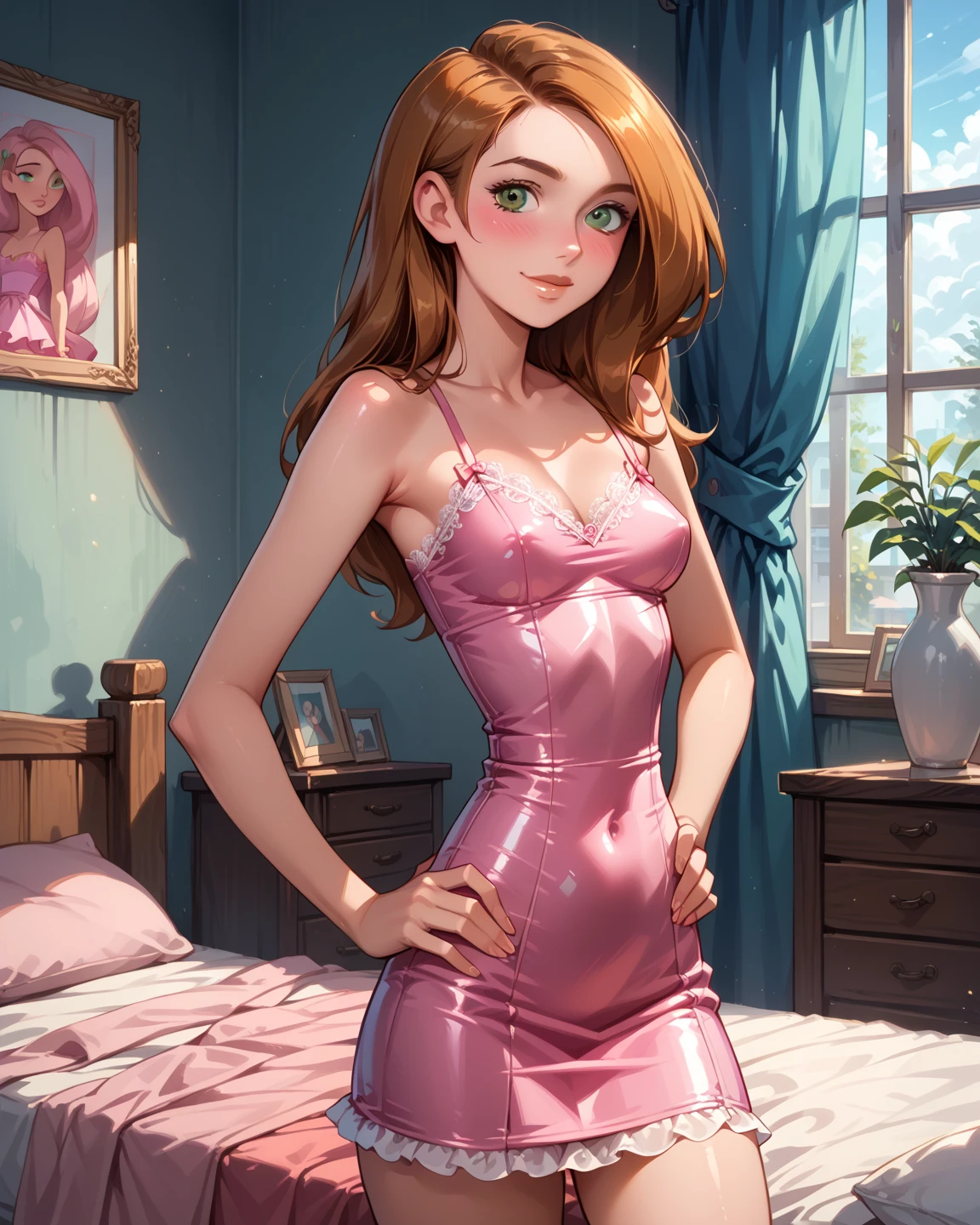Starfire, shiny_dress, pink_silk_glossy_fabric, skinny, thin_legs, lace, nightwear, glossy_fabric, shiny, short_dress, cleavage, glossy_fabric, green_eyes, long_red_hair, skinny, bedroom, gentle_smile, blushing, beautiful, female, high resolution, 8k