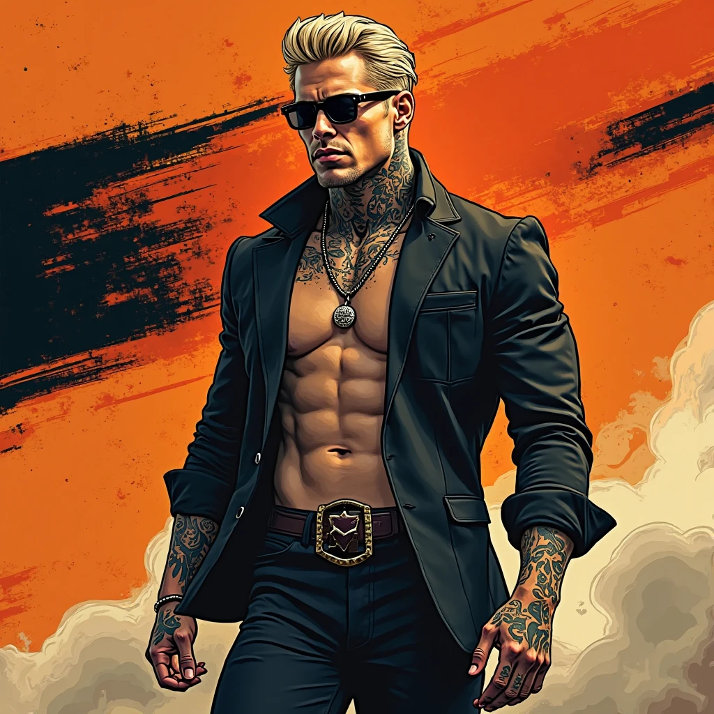draw a shirtless punk man with tattoos,kelly style gun, and full of piercings, in realistic and colorful style
